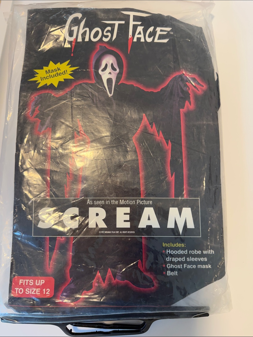Vintage 90s Party City Ghost Face Kids Costume in Black with White Mask